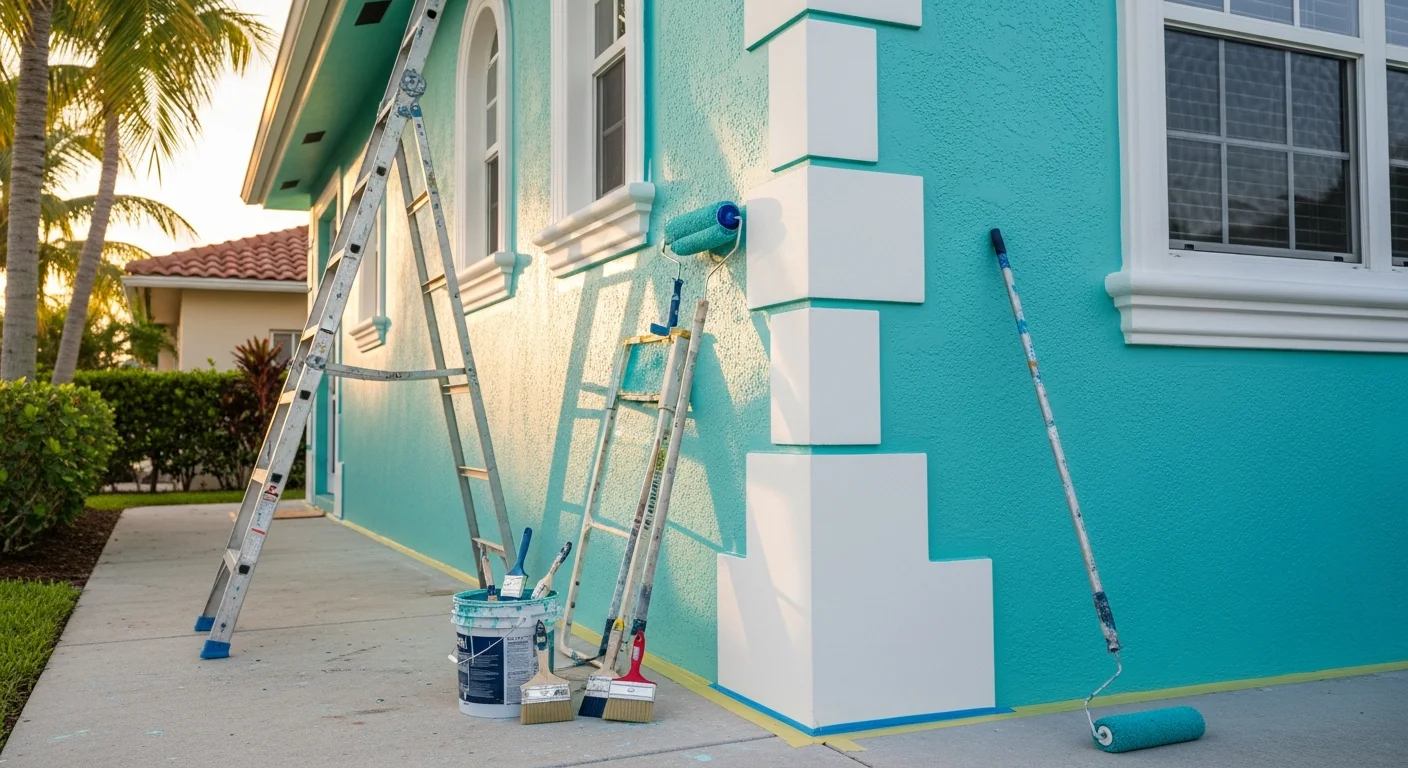 Professional painter applying exterior paint to residential home