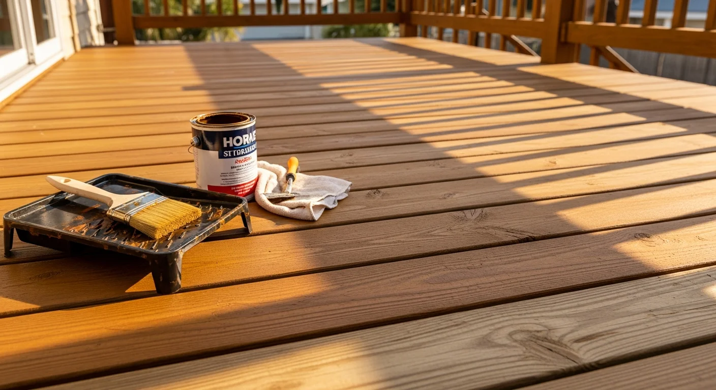 Freshly stained wooden deck with protective finish