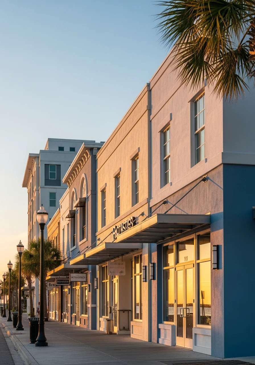 Clearwater downtown waterfront building with modern architecture and street-level retail space.