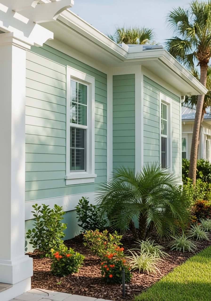 Close-up of a Clearwater beachfront home exterior showing coastal architecture and landscaping.