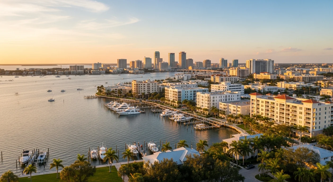 Aerial view of St. Petersburg waterfront with mixed residential and commercial buildings along the bay.