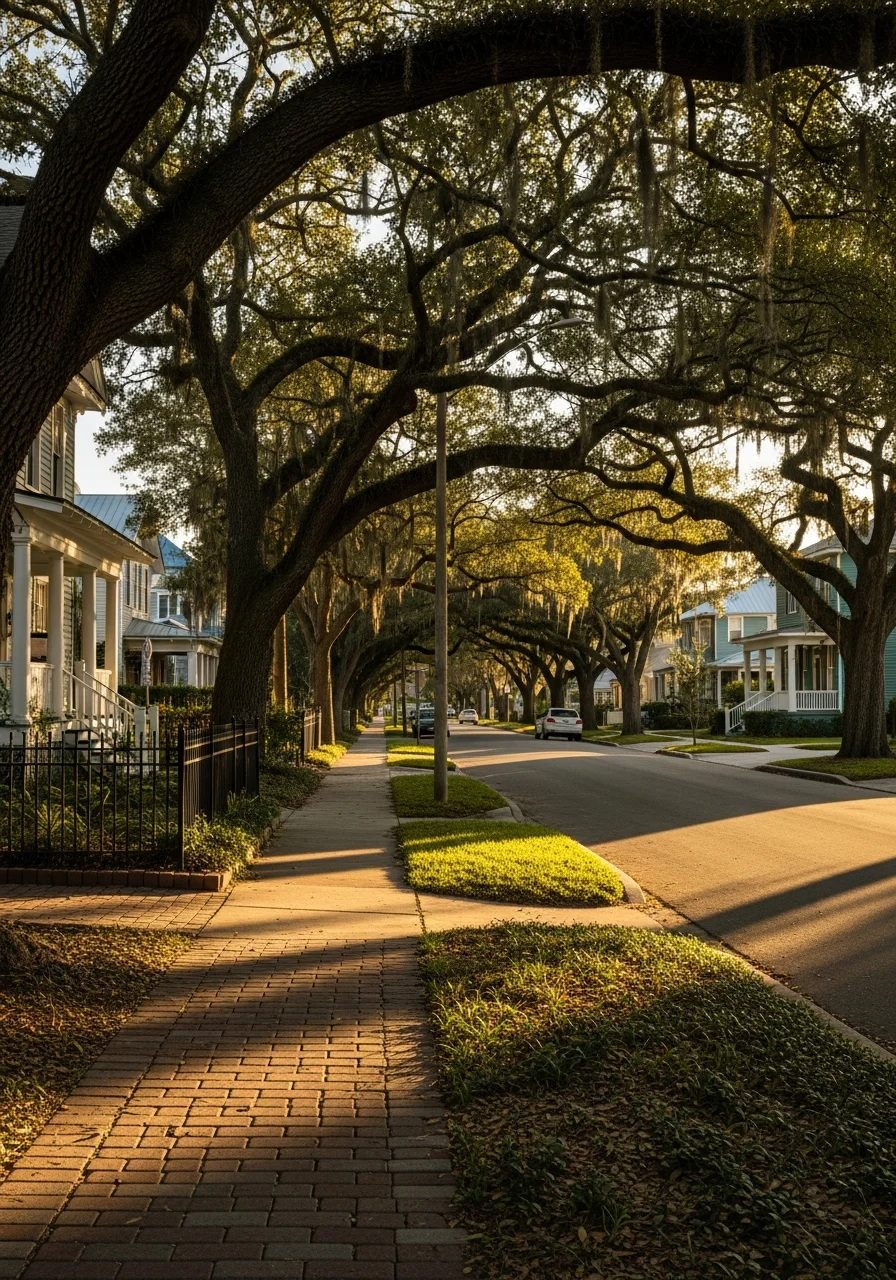 St. Petersburg historic residential street with early 20th-century homes and mature oak trees.