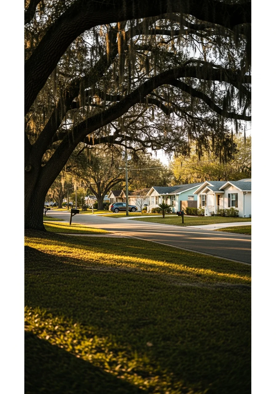 Street-level view of a Tampa Bay residential neighborhood with mature trees and well-maintained homes.
