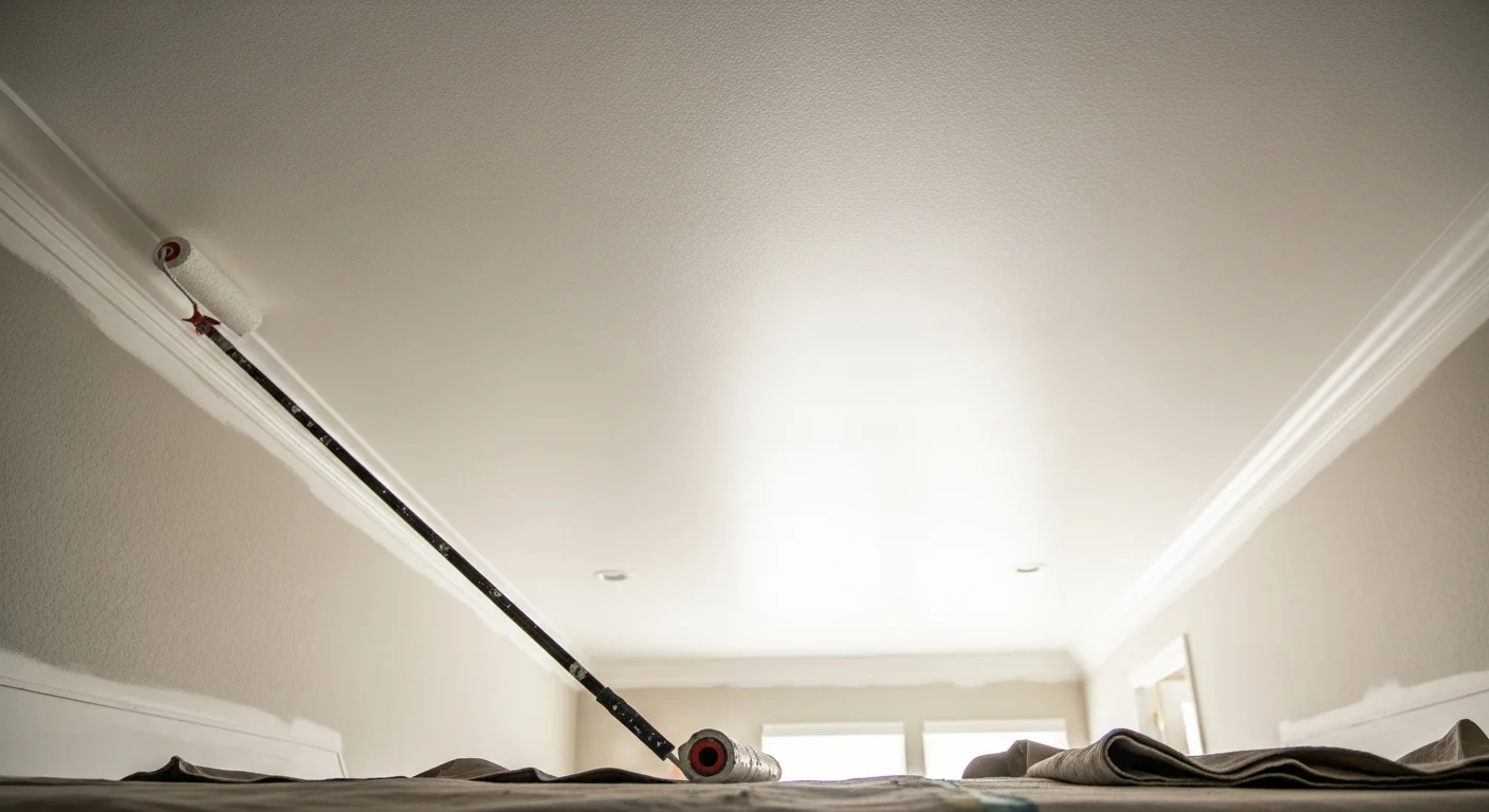 A freshly painted flat white ceiling in a Pinellas County Florida living room, showing clean edges along the walls and even coverage over a knockdown texture surface. Natural light from a nearby window reflects off the smooth finish, brightening the interior space.