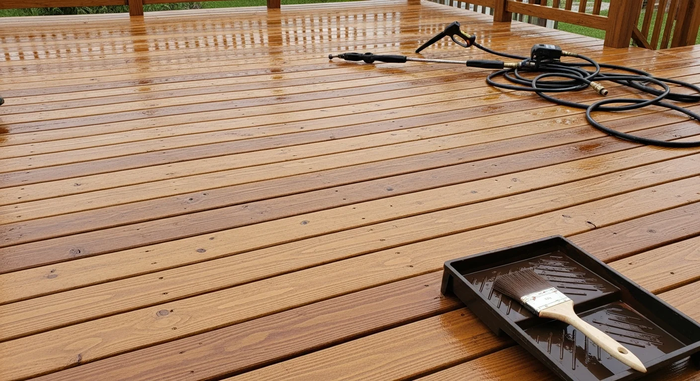A freshly stained wood deck on a Pinellas County, Florida home showing even color coverage across the deck boards and railing. The stained surface shows visible wood grain with no peeling, graying, or moisture staining.