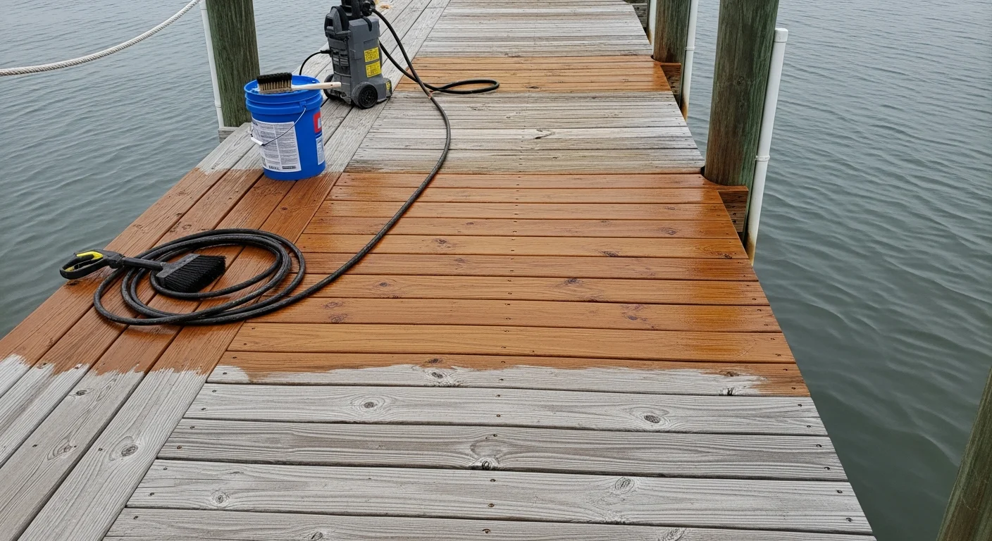 A wood dock along a Pinellas County waterway with a freshly applied stain showing rich, even color across the deck boards. The dock extends over calm water with clear Florida sky in the background.