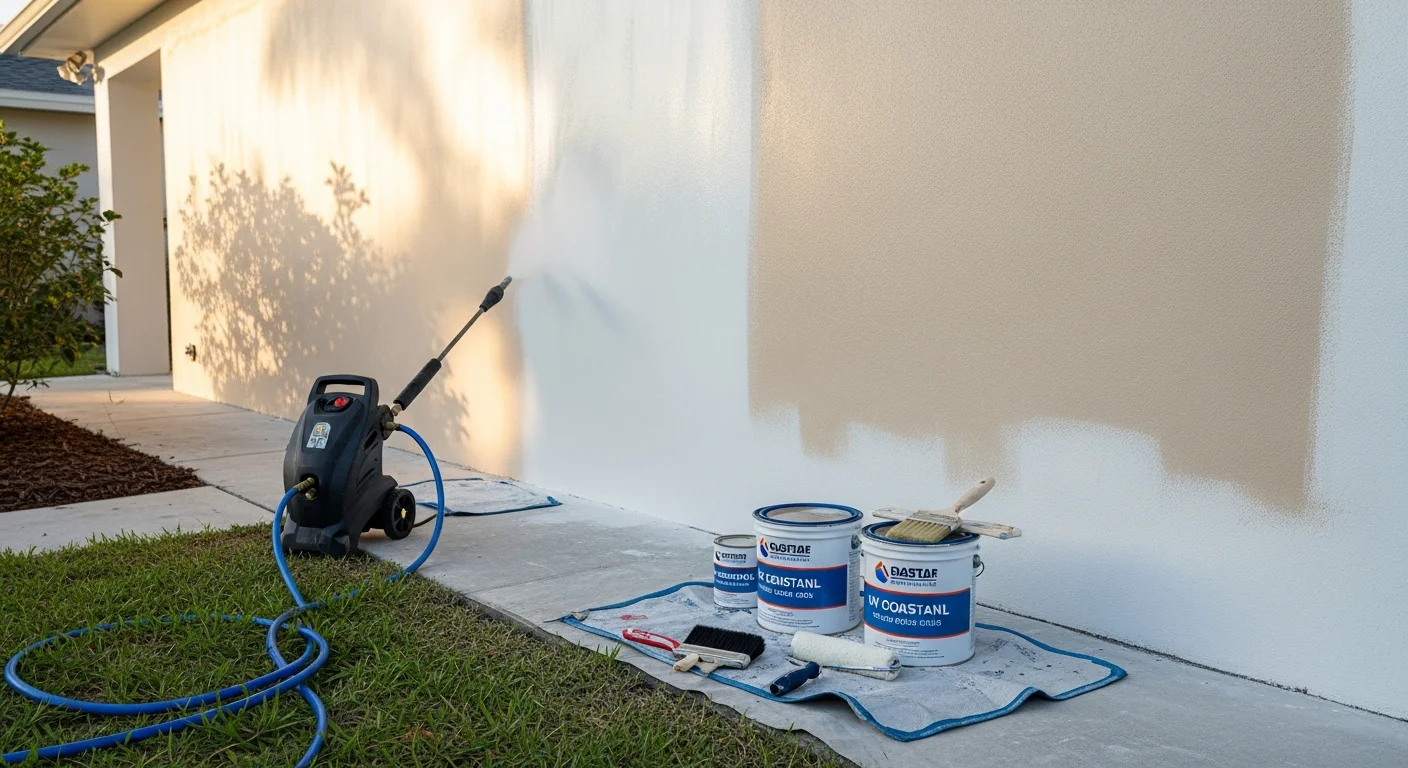 A freshly painted single-story stucco home in Pinellas County, Florida, with clean white exterior walls and painted trim under bright coastal sunlight. Florida Pro Paint Co crew equipment is visible near the home's exterior during the painting process.
