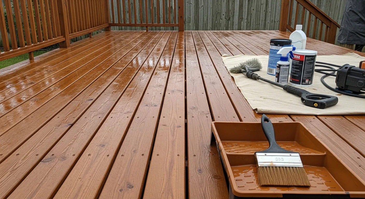 A freshly stained wood deck attached to a single-family home in Pinellas County, Florida, showing even color and visible wood grain. The surrounding yard reflects a typical Gulf Coast residential property with bright sunlight and clear skies.