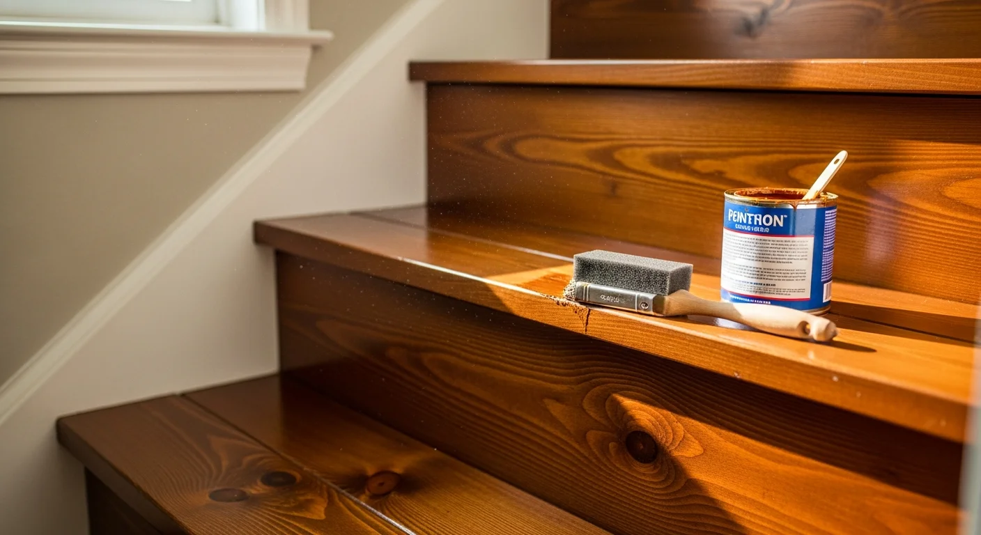 Freshly stained interior wood staircase with even-toned treads, sealed risers, and a matching wood railing inside a Pinellas County, Florida home. Close-up view shows smooth grain texture and a clean protective finish on each tread.