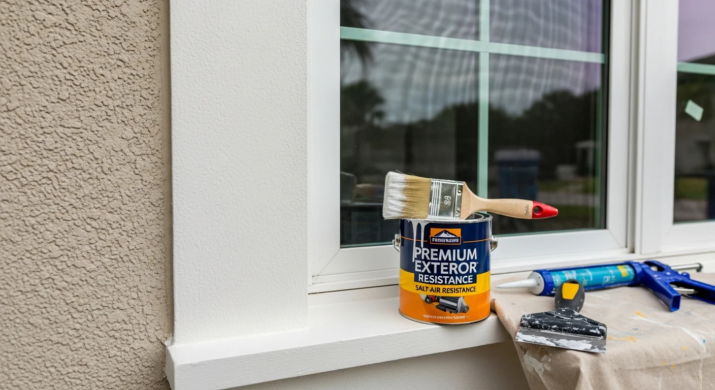 Freshly painted white exterior trim on a single-story stucco home in Pinellas County, Florida, showing crisp lines around window frames and door casings against a light gray body color. Close-up view highlights clean caulk lines and a semi-gloss finish consistent with Gulf Coast coastal home styles.