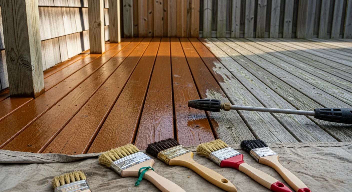 A freshly stained wood deck in Pinellas County, Florida, showing restored deep brown color and visible wood grain after professional stain restoration. The deck sits adjacent to a residential backyard with the surface cleaned and evenly coated.